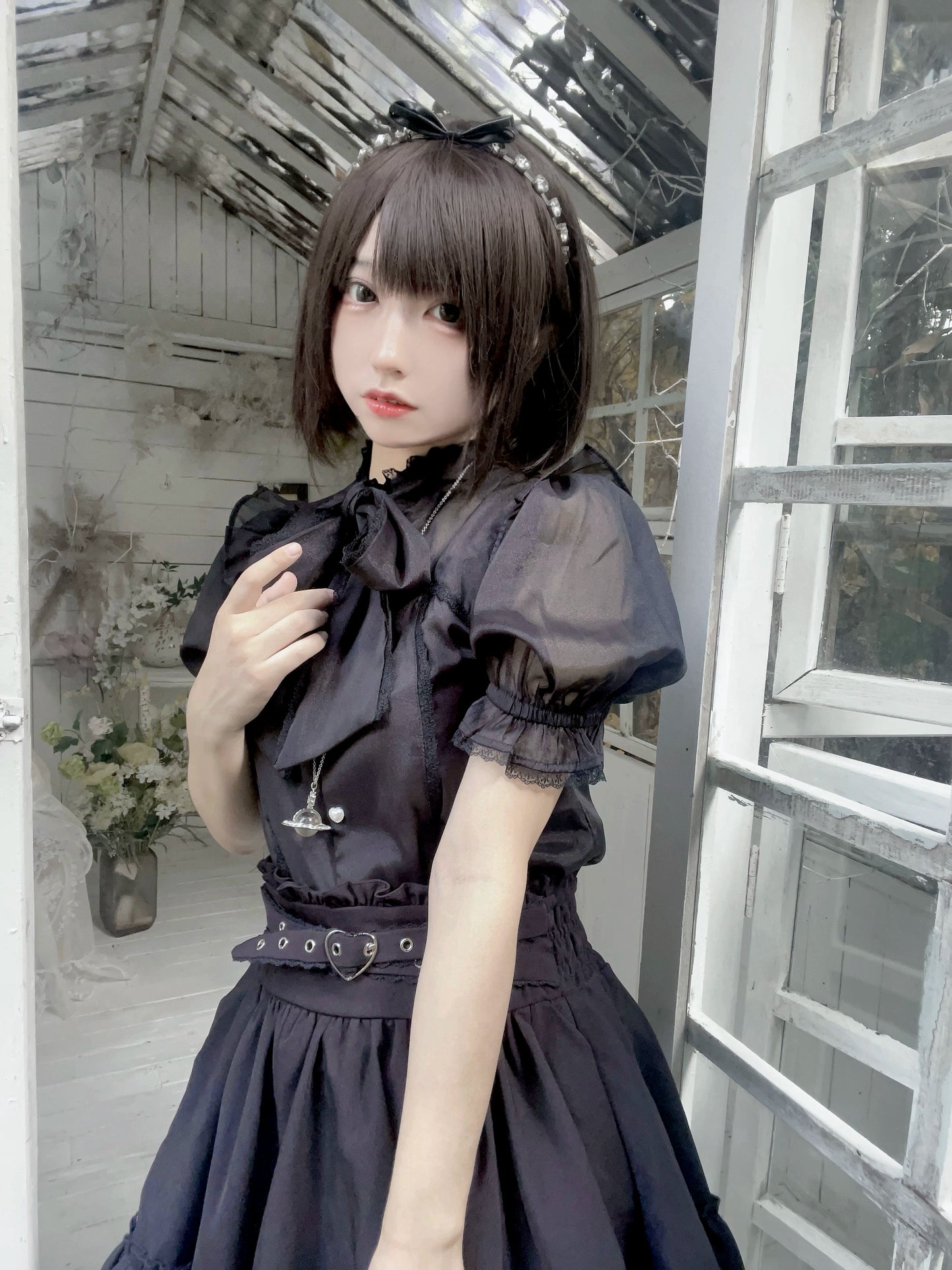 Jirai Kei Blouse Black White Pink Shirt Bowknot Short Sleeve Shirt (L M S XL / Black) 31994:425546