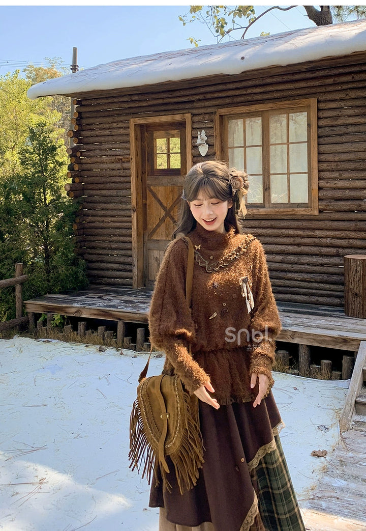 Mori Kei Stand-Collar Sweater, Irregular Plaid Skirt 44214:803834