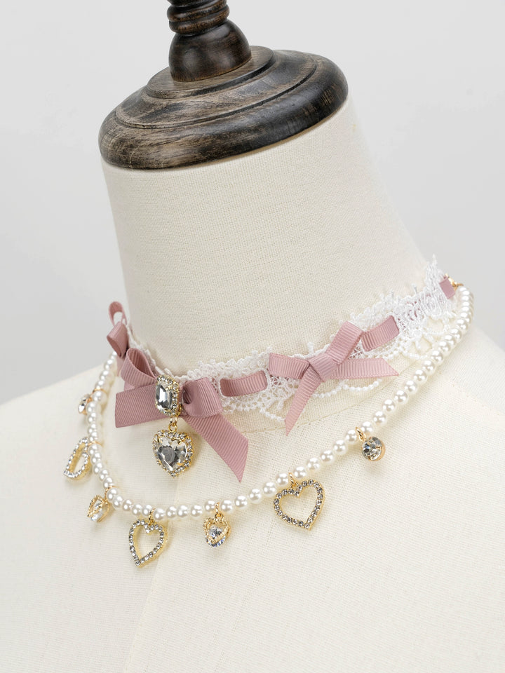 Jirai Kei Necklace Double-layered Pearl Rhinestone Choker 33806:446356 33806:446356