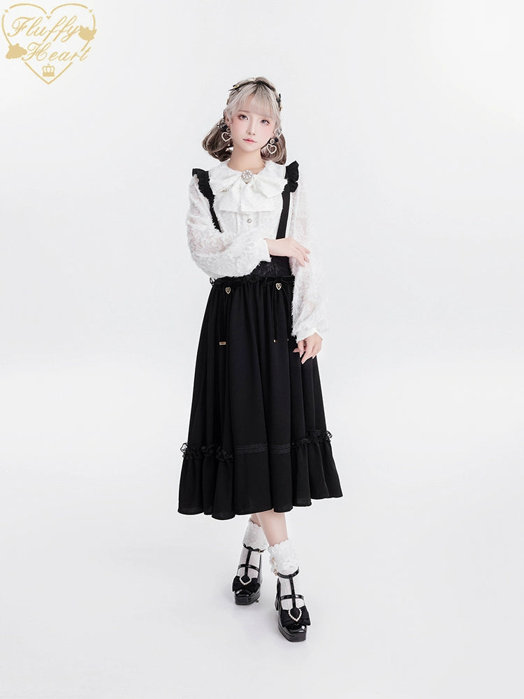 Jirai Kei Blouse White Pink Lace Chiffon Pearl Long Sleeve Shirt 33754:443414