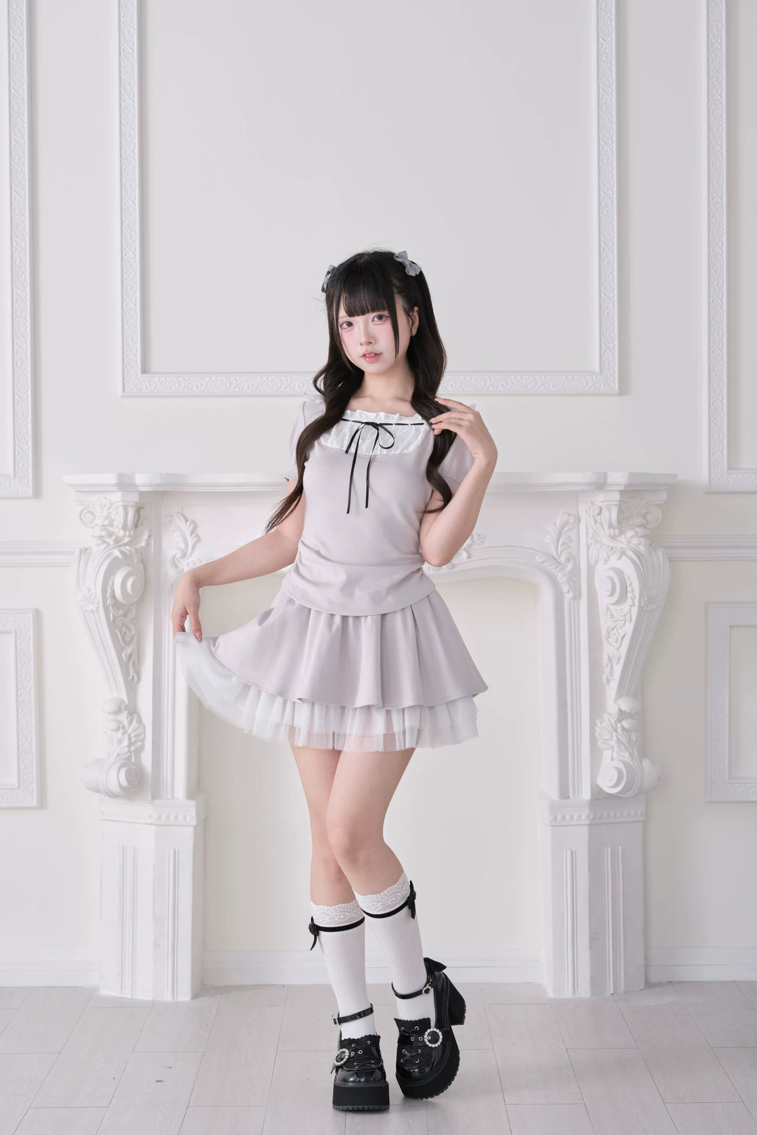 Jirai Kei Hoodie Top & Skirt Set, Tulle Hem (Gray / M S) 44941:829948