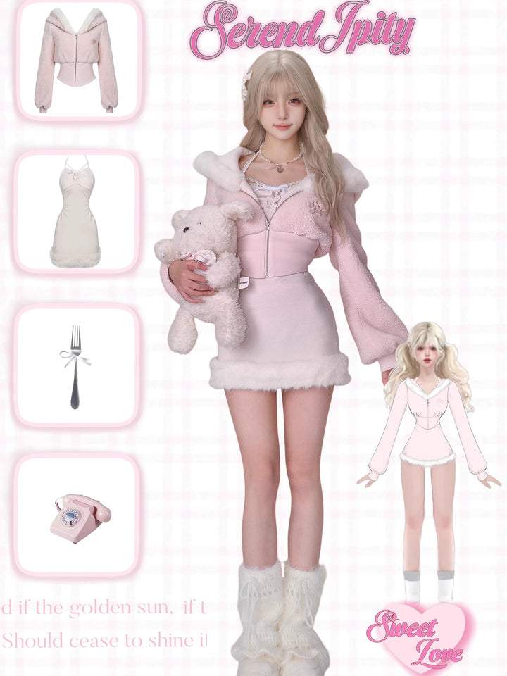 Kawaii Pink Fleece Winter Coat And Strappy Dress 41130:692140