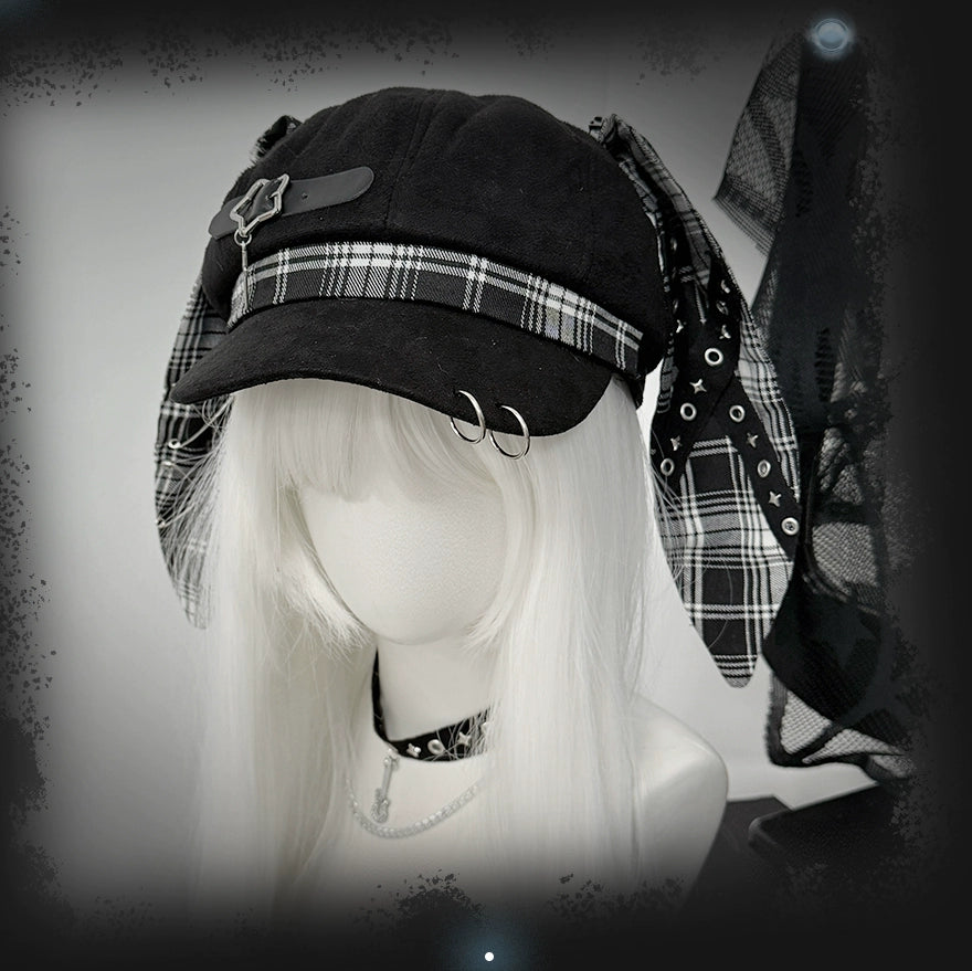 Plaid Punk Beret Hat, Bunny Ears, Safety Pins 43833:786497