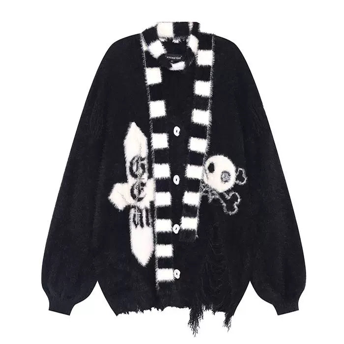 Subculture Sweater Irregular Hem Cardigan With Striped Scarf 40922:680428