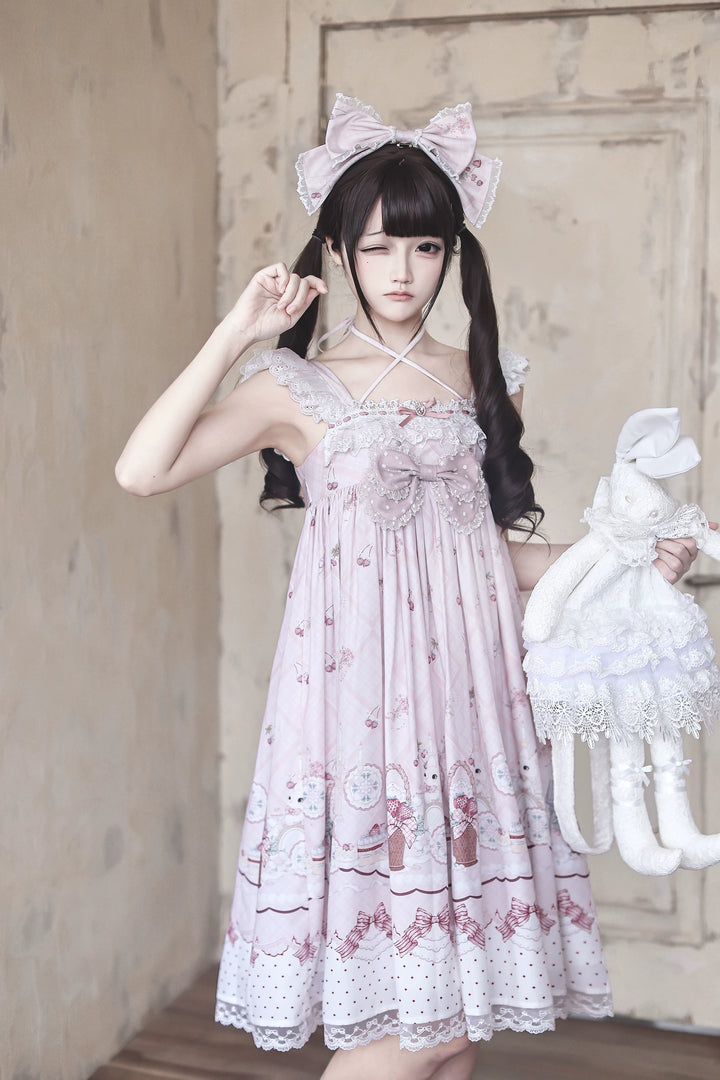 Strawberry Bunny Printed Kawaii Lolita Dress, Halter Neckline (L M S) 45456:857956