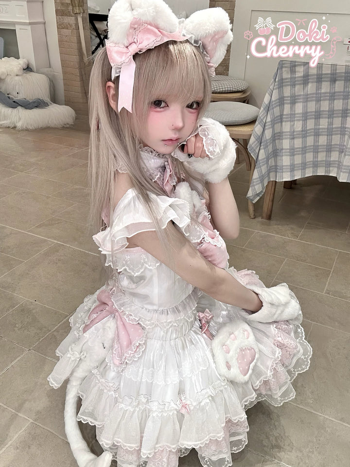 Kawaii Lolita Tiered Skirt Set, Cat Ears & Polka Dot Bow 44958:837086