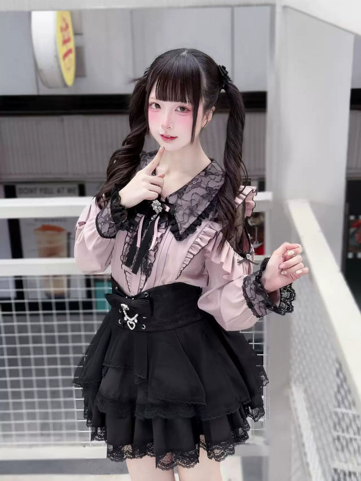 Jirai Kei Long Sleeve Blouse, Lace Overlay and Heart Buttons 44589:815194