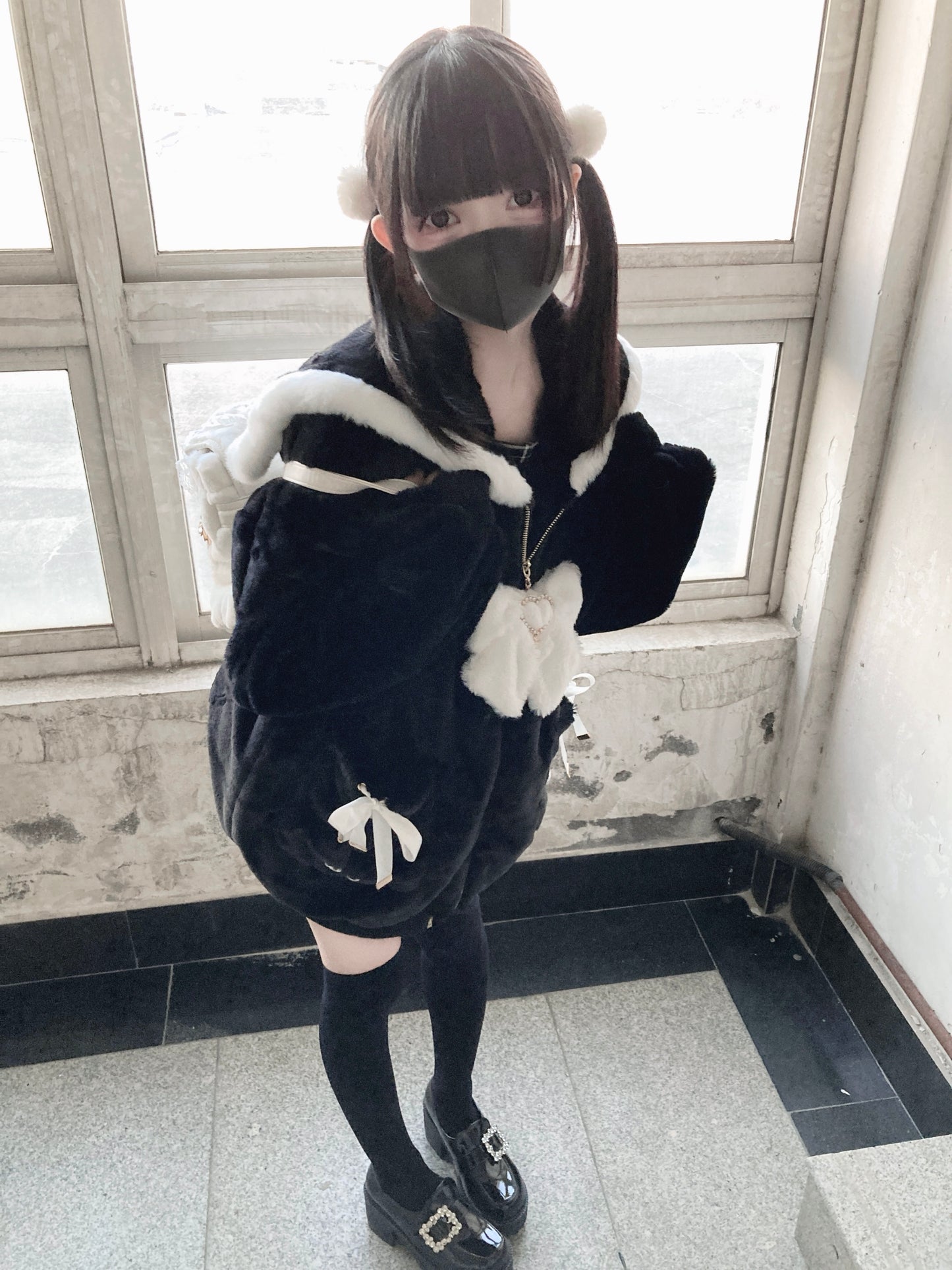 Black Jirai Kei Coat Ryousangata Imitation Rabbit Fur Coat 33304:446214