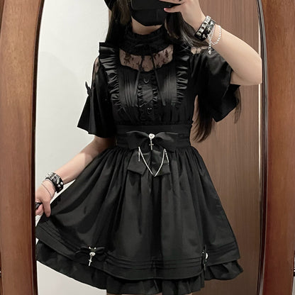 Plus Size Jirai Kei Set Up Gothic Blouse And Skirt Set 35596:538242