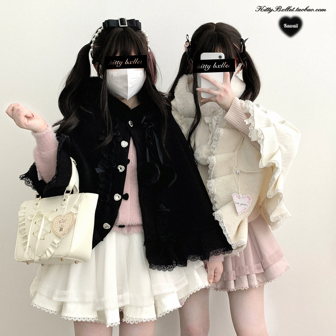 Jirai Kei Winter Coat Fleeced Cape Hooded Coat 40418:667278