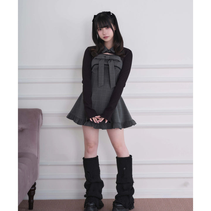 Ryousangata Dress & Knit Bolero Set, Plaid/Striped Pattern 46030:873177