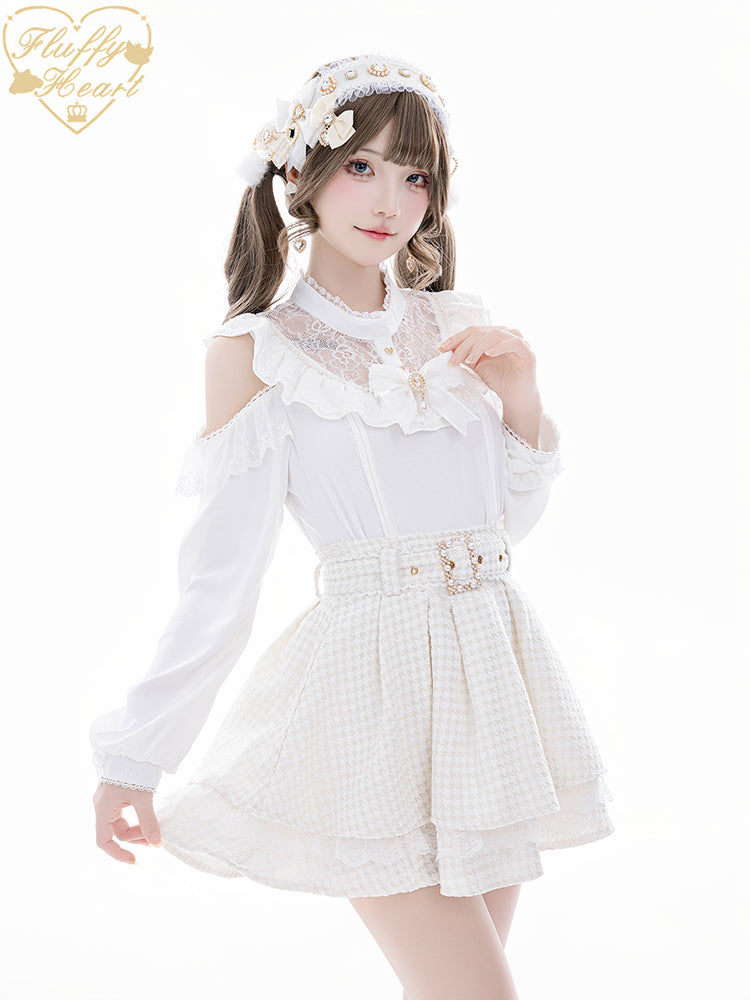 Lace Off-Shoulder Jirai Kei Blouse With Bow Brooch 41684:710470