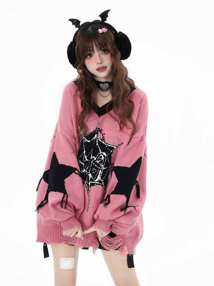 Black Pink Sweater Star Knit V-neck Pullover Sweater (M S / Pink) 32462:423362