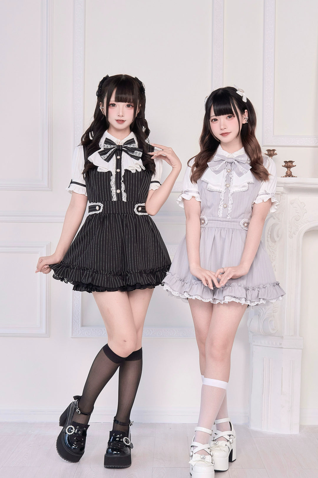 Striped / Solid Jirai Kei Dress, Elastic Shorts 43533:779053