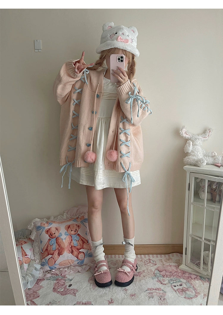 Kawaii White Pink Blue Cardigan Bunny Ears Sweater Coat 22658:345224 22658:345224