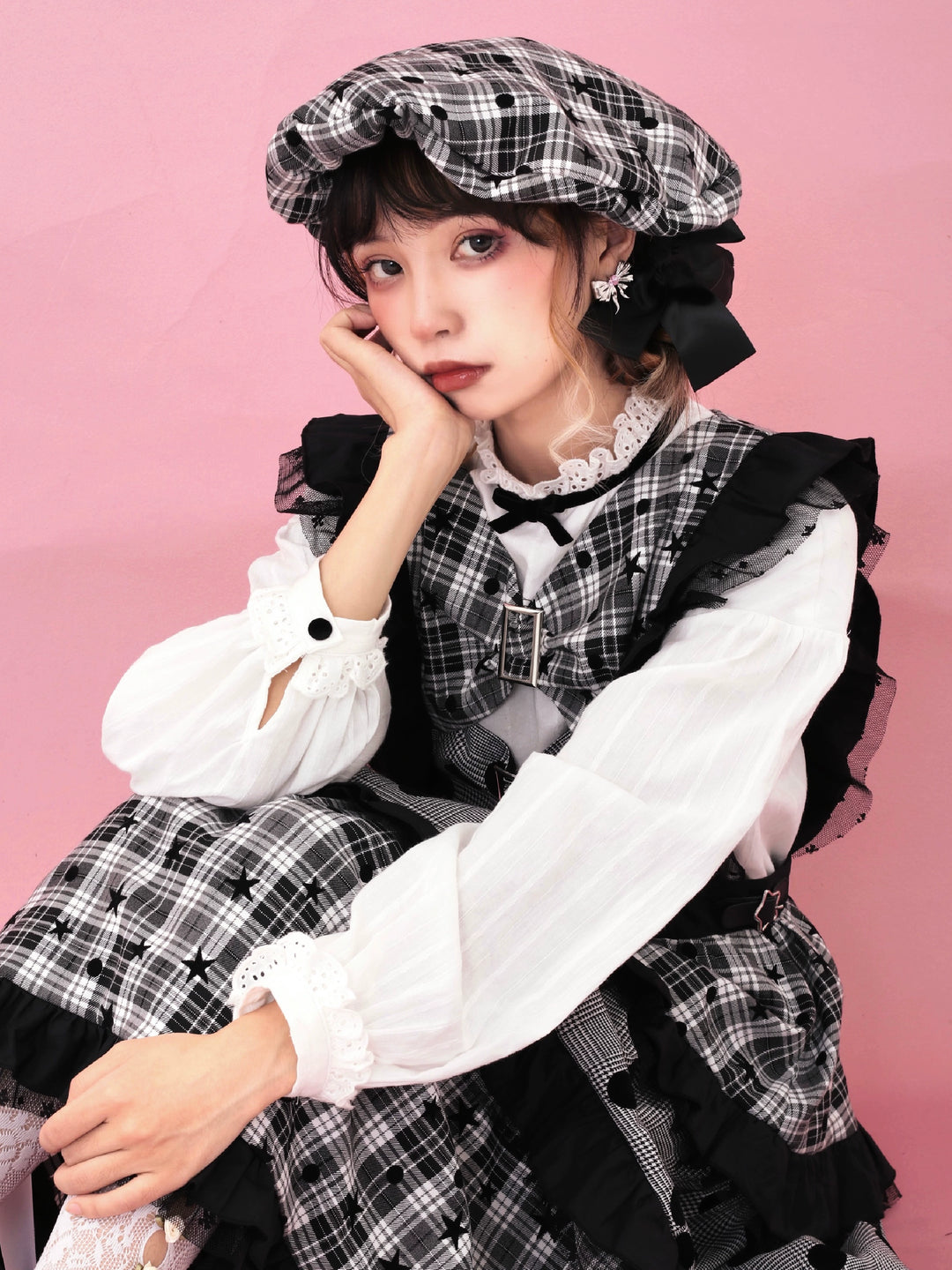 Kawaii Retro Showa Beret Plaid Star Polka Dot Hat 39484:634796