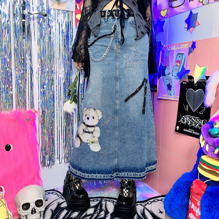 Y2K Blue Denim Skirt With Bear Pattern 29604:365462 (L M S XL) 29604:365462