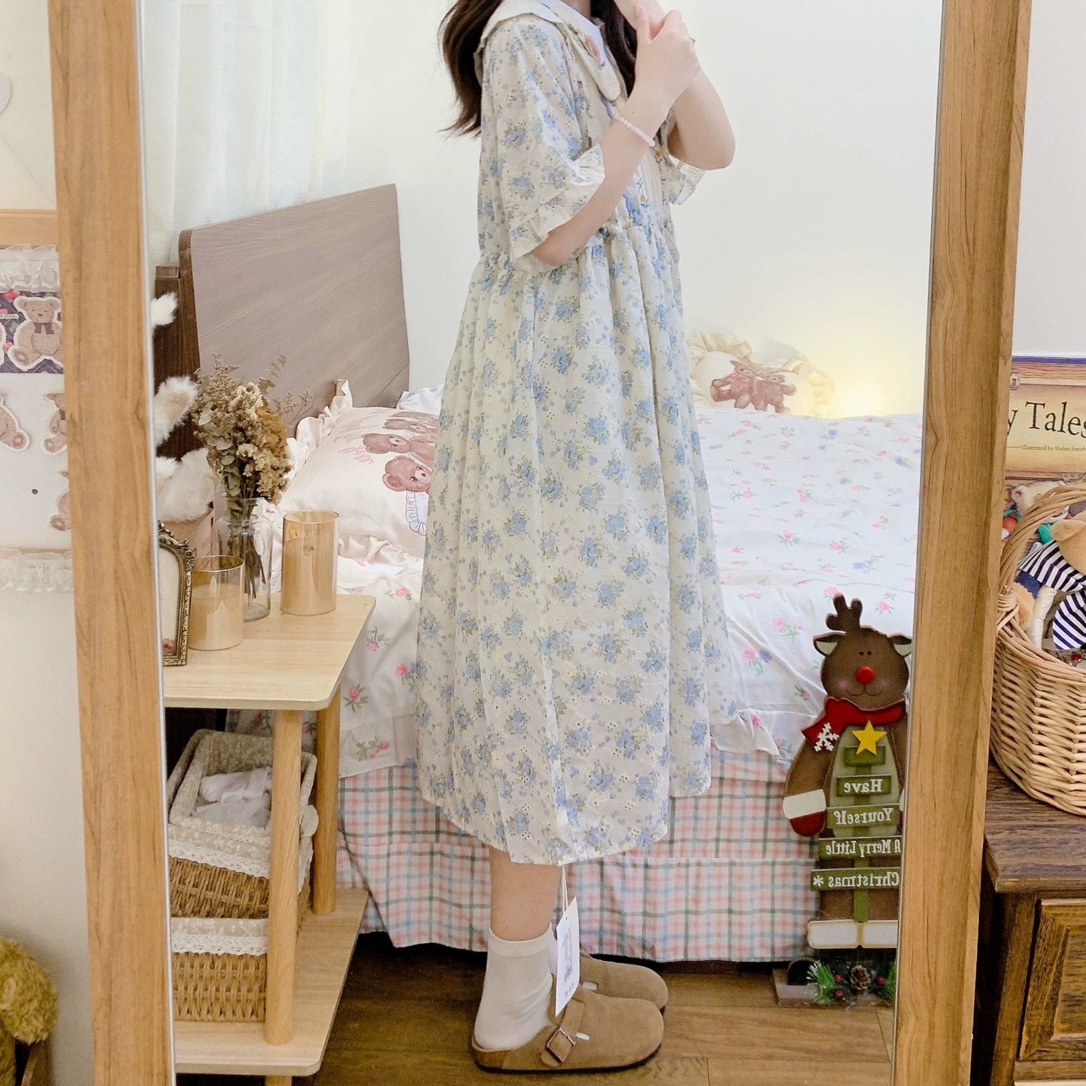 Cottagecore Dress Mori Kei Dress Blue Floral Dress 36236:526708