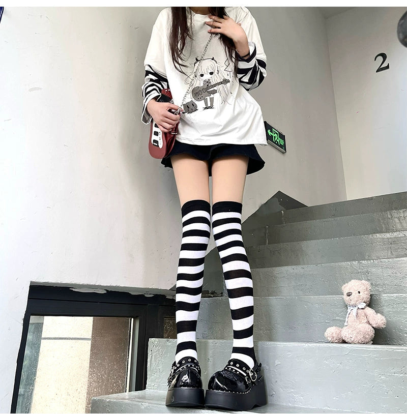 Punk Socks Striped Knee-High Length Socks Multicolor 36518:530348