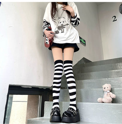 Punk Socks Striped Knee-High Length Socks Multicolor 36518:530348