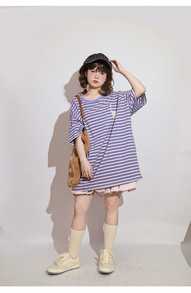 Kawaii Aesthetic Shirt Striped Short Sleeve Cotton Top 36562:518418