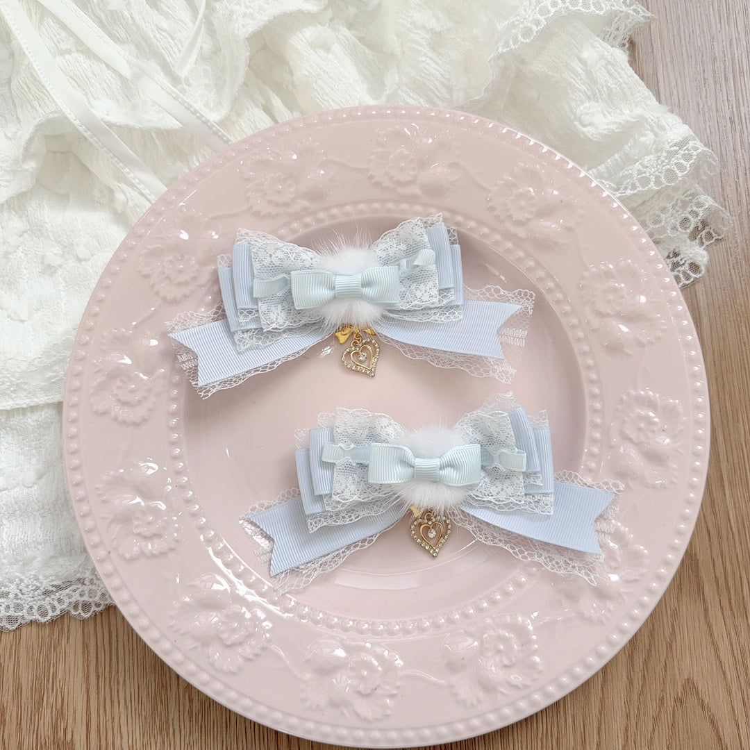 Jirai Kei Layered Bow Hair Clip, Soft Pom-pom 45566:855086