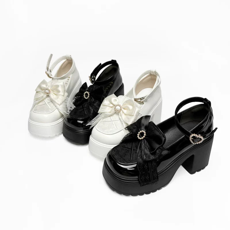 White/Black Jirai Kei Loafer Shoes, High Platform 44889:825995