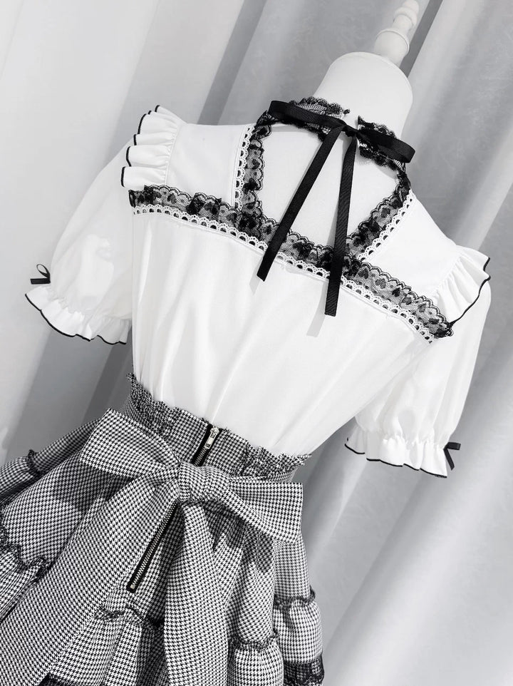 Jirai Kei Heart Lace Collar Blouse, High-waisted Tiered Skirt 45726:862537