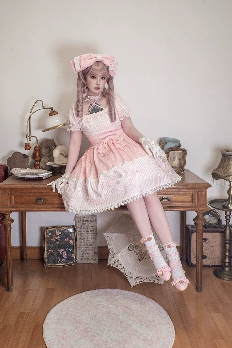 Classic Lolita Pointed Toe High Heels, Pearl-Like & Rhinestone 45841:864887