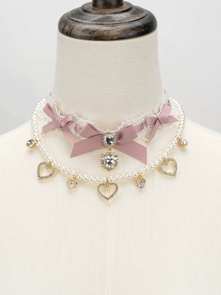 Jirai Kei Necklace Double-layered Pearl Rhinestone Choker 33806:446354 33806:446354