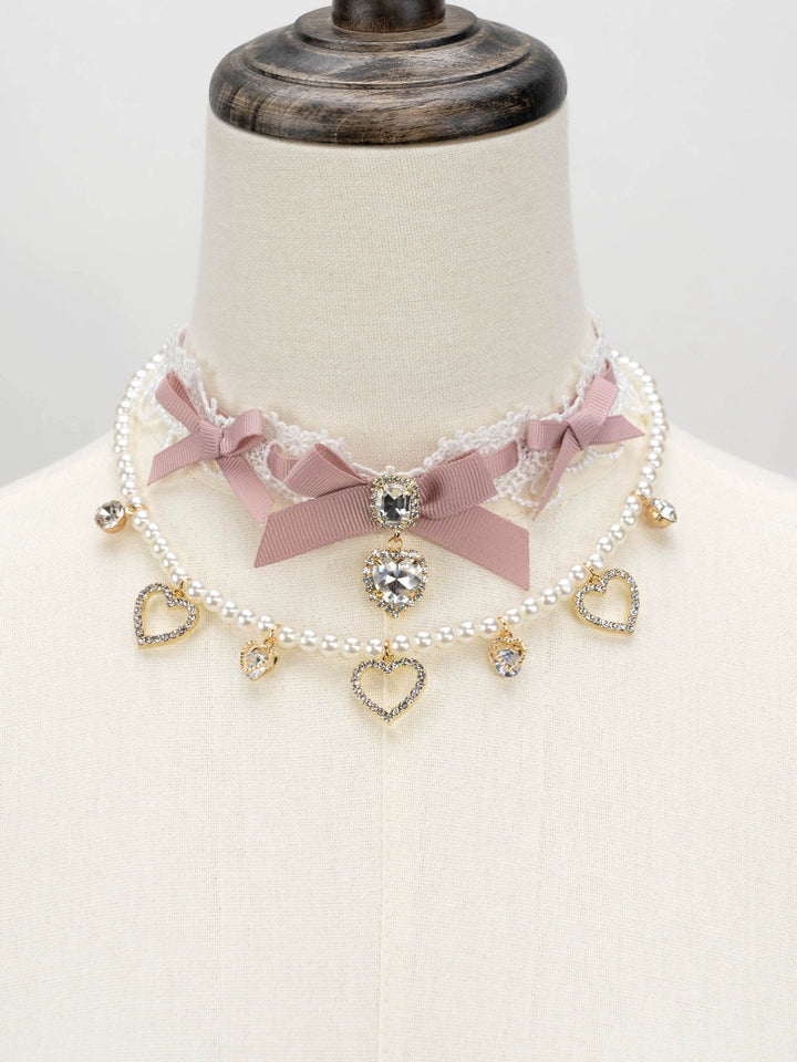 Jirai Kei Necklace Double-layered Pearl Rhinestone Choker 33806:446354 33806:446354