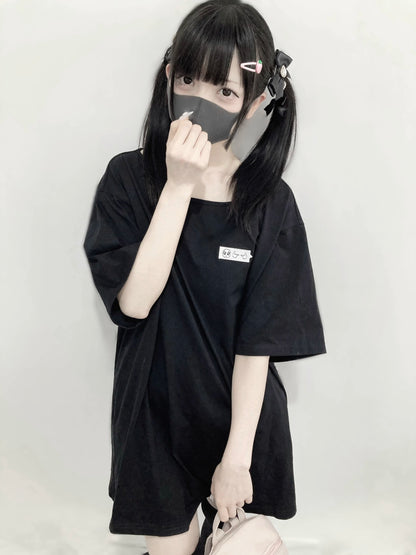 Jirai Kei Shirt Black Loose Embroidered Short-Sleeve T-Shirt 37662:576446