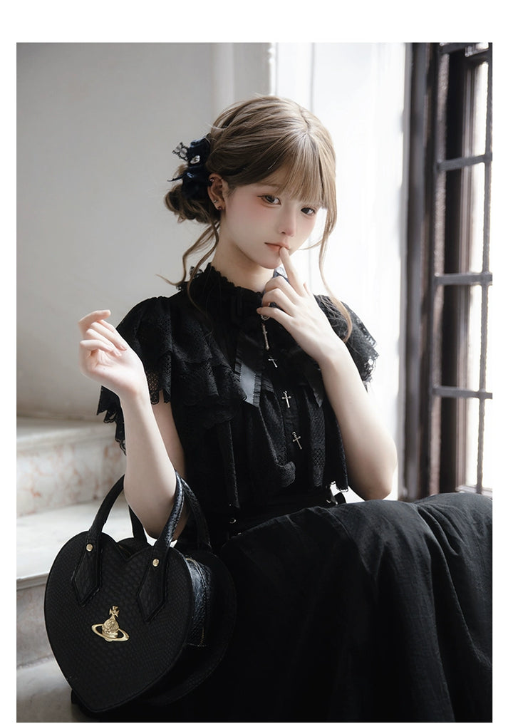 Black / White Jirai Kei Long Dress, Detachable Bow, Cross Detail 43510:778768