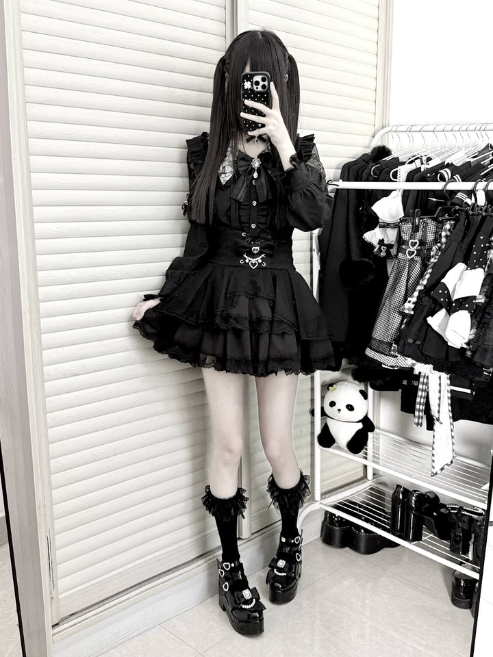 Jirai Kei Long Sleeve Blouse, Lace Open-Shoulder 44588:815086