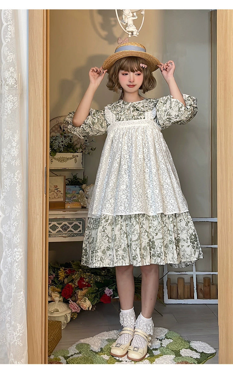 Mori Kei Dress Bubble Sleeve Vintage Green Floral Dress 36552:531178