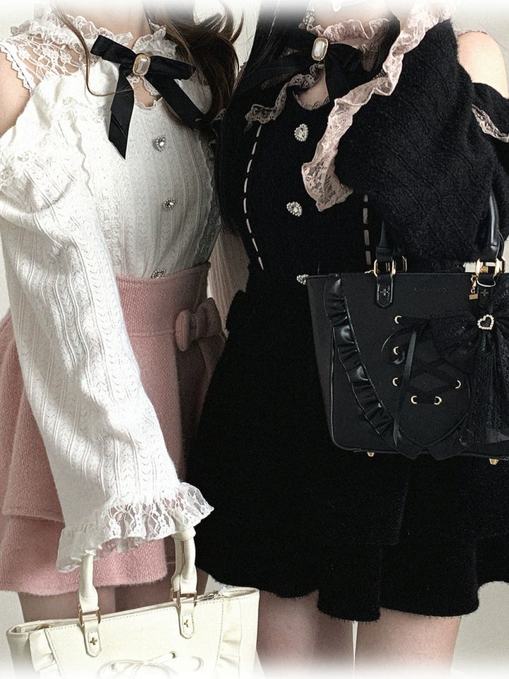 Jirai Kei Off-Shoulder Sweater, Lace Neck 44471:811017