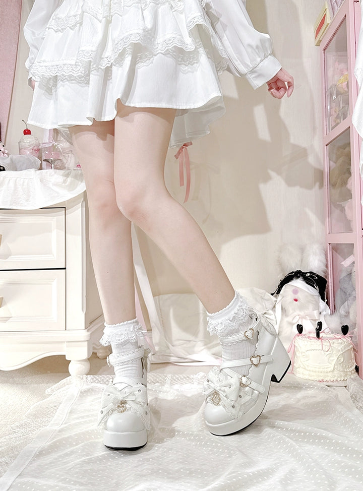 Jirai Kei Platform Shoes, Lace Bow Details, Chunky Heel 43445:778176