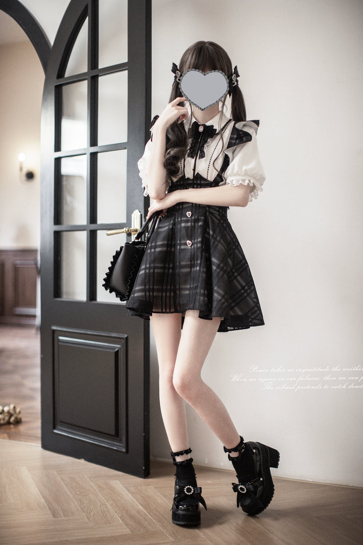 Black Jirai Kei Plaid Suspender Skirt Set with White Blouse 42918:760667