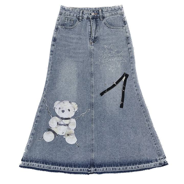 Y2K Blue Denim Skirt With Bear Pattern (L M S XL) 29604:365452 (L M S XL) 29604:365452