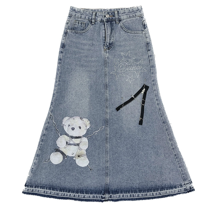 Y2K Blue Denim Skirt With Bear Pattern 29604:365460 29604:365460