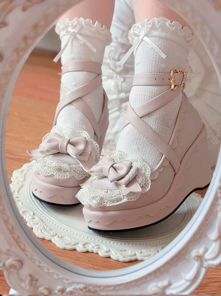 Sweet Lolita Wedge Shoes, Heart & Bow Details 45951:872551