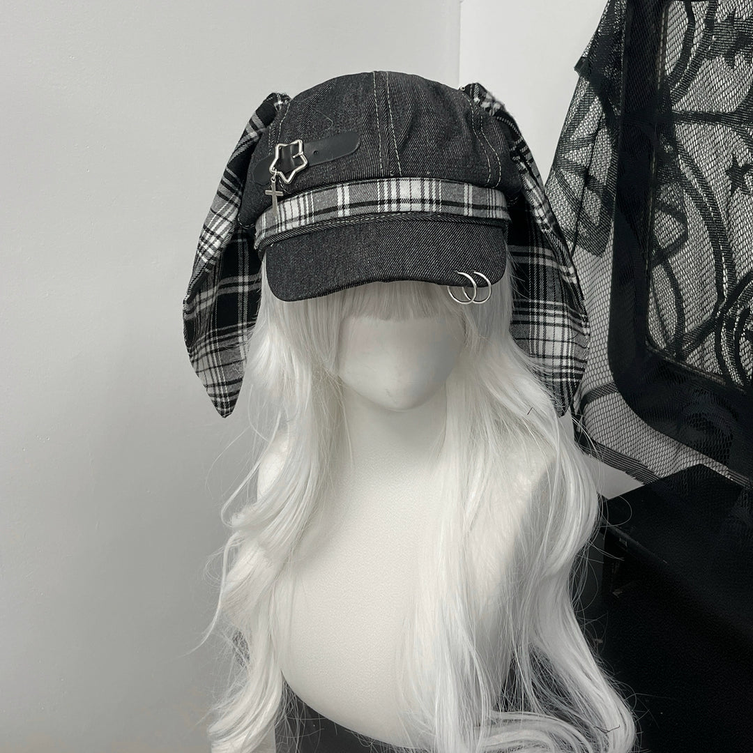 Plaid Punk Beret Hat, Bunny Ears, Safety Pins (M) 43833:786492