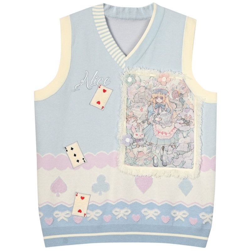 Mori Kei Sweatshirt Alice Print Blue Hoodie Autumn Vest (L M S) 39316:639766