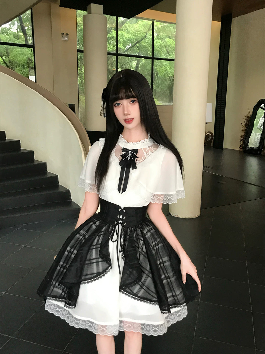 Seiso Kei Dress with Faux Two-Piece Shawl, Sheer Overlay 45621:860323