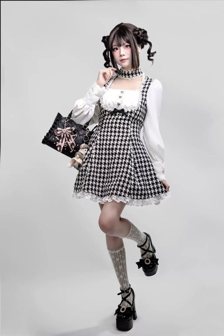 Jirai Kei Houndstooth Dress, Non Detachable Choker 45266:842693