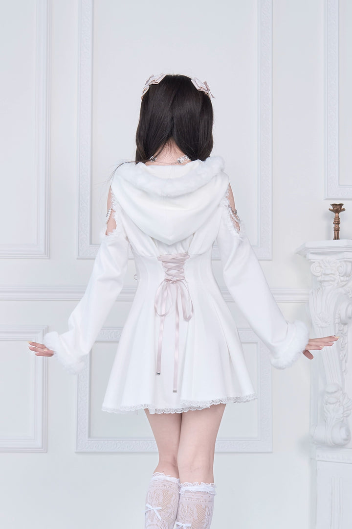 Open-Shoulder Jirai Kei Dress, Oversized Hood 43940:789814