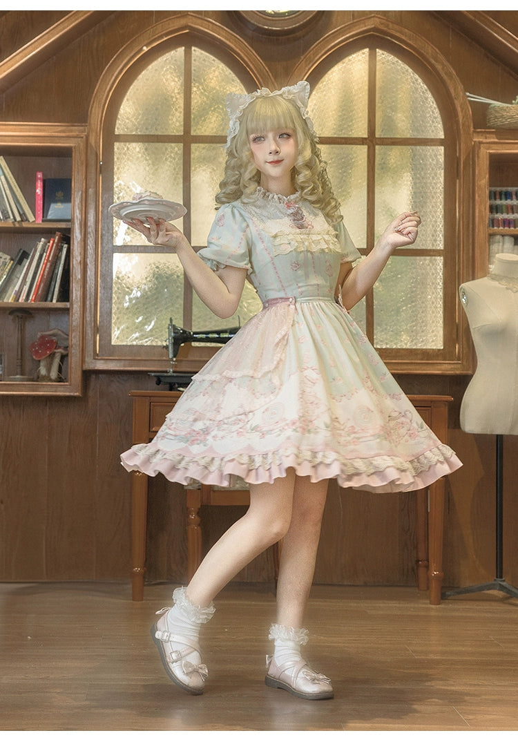 Classic Lolita Dress With Short Sleeve And Floral Tea Pot Print Multicolor 37134:552476