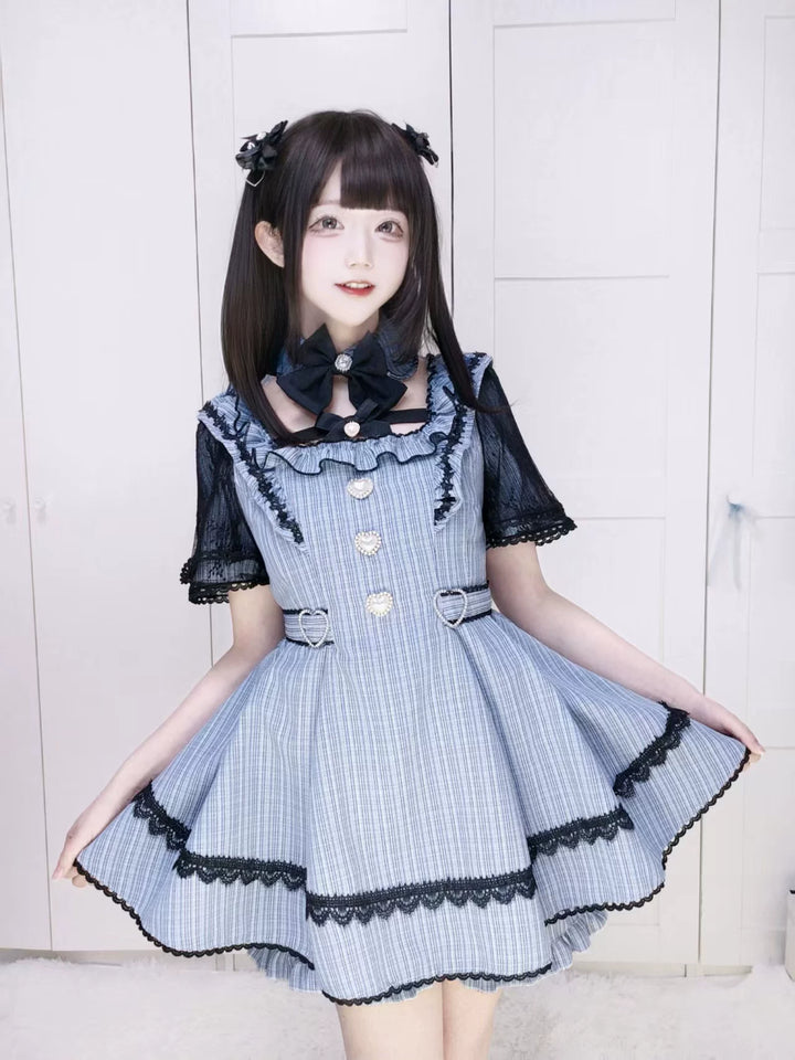 Jirai Kei Lace Sleeve Dress Set, Detachable Faux Collar (2XL L M S XL) 45261:842964
