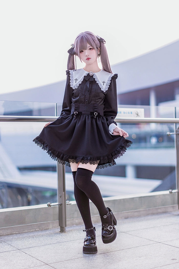 Jirai Kei Set Black Pink Sailor Collar Blouse Cross Skirt 37666:564500