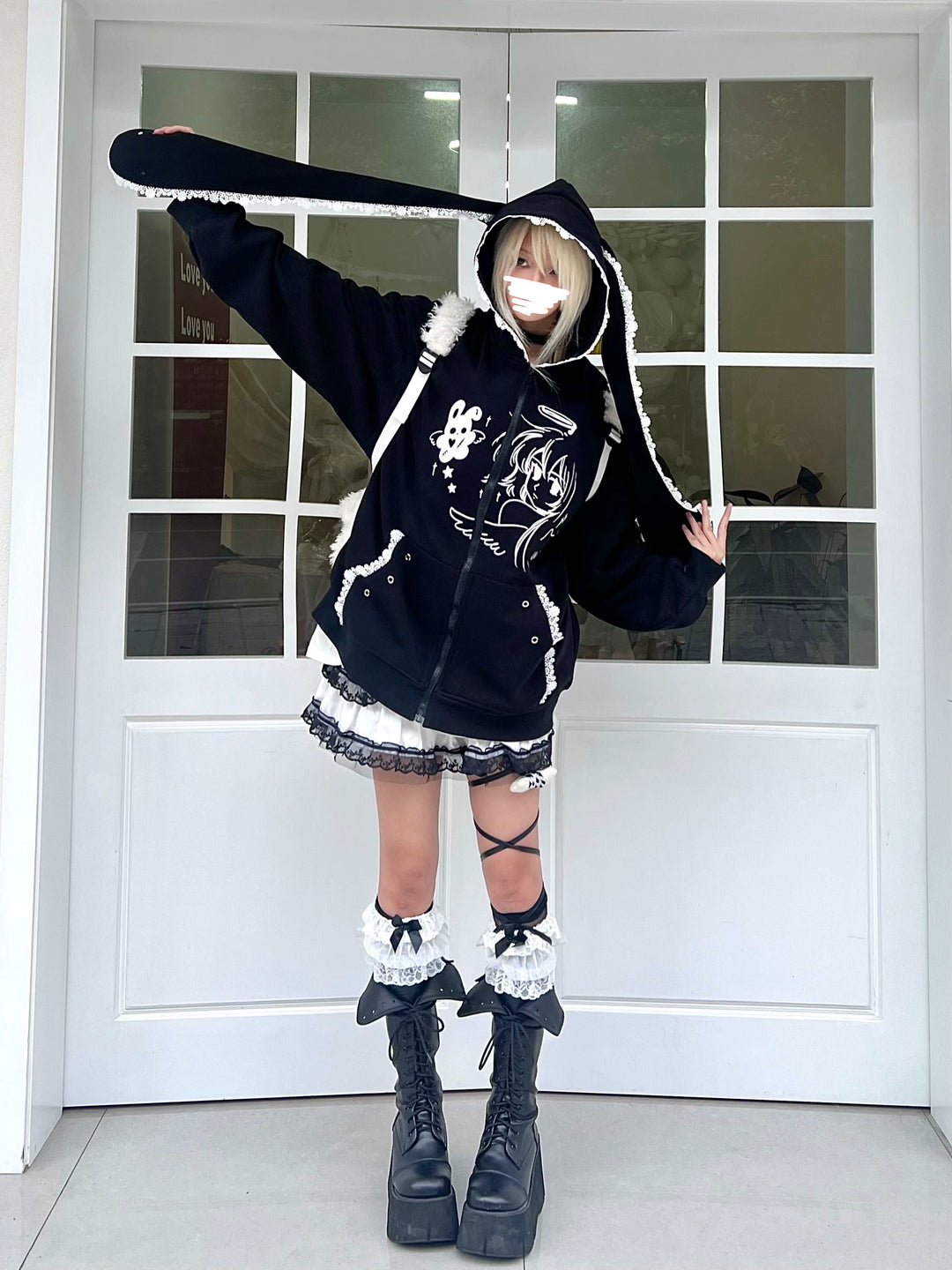 Jirai Kei Coat Bunny Ears Hoodie Lace Rivet Winter Coat 32412:415564